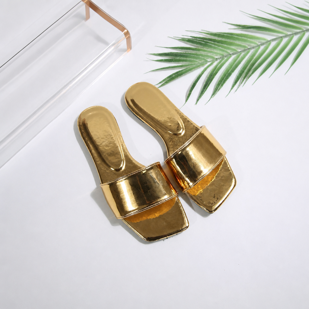 Metallic Mirror Square Toe Slides Vacation For Women