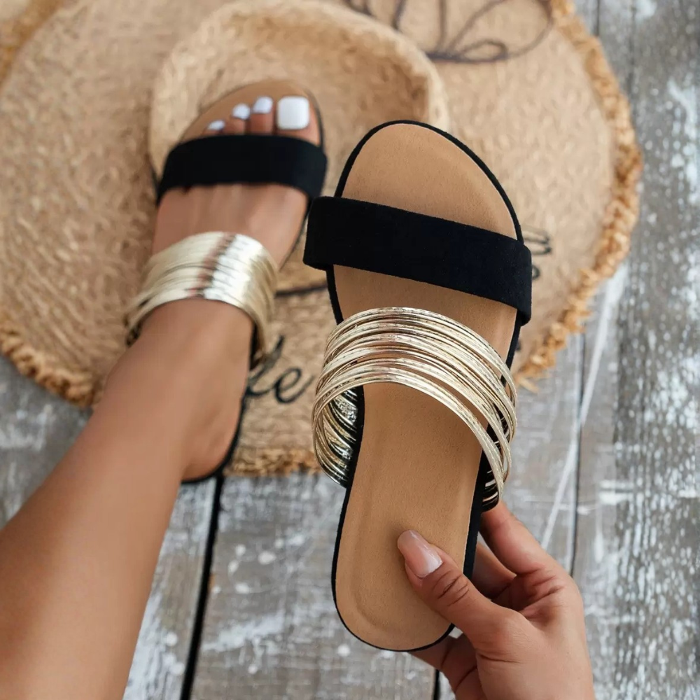 Metallic Multi Strap Casual Flat Sandals For Women