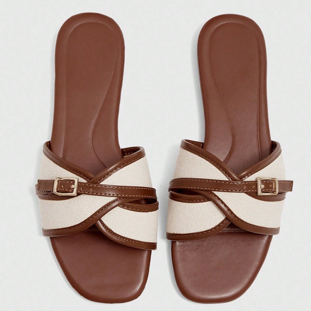 Flat Slide Sandals with Buckle Strap for Women in Brown - Front View