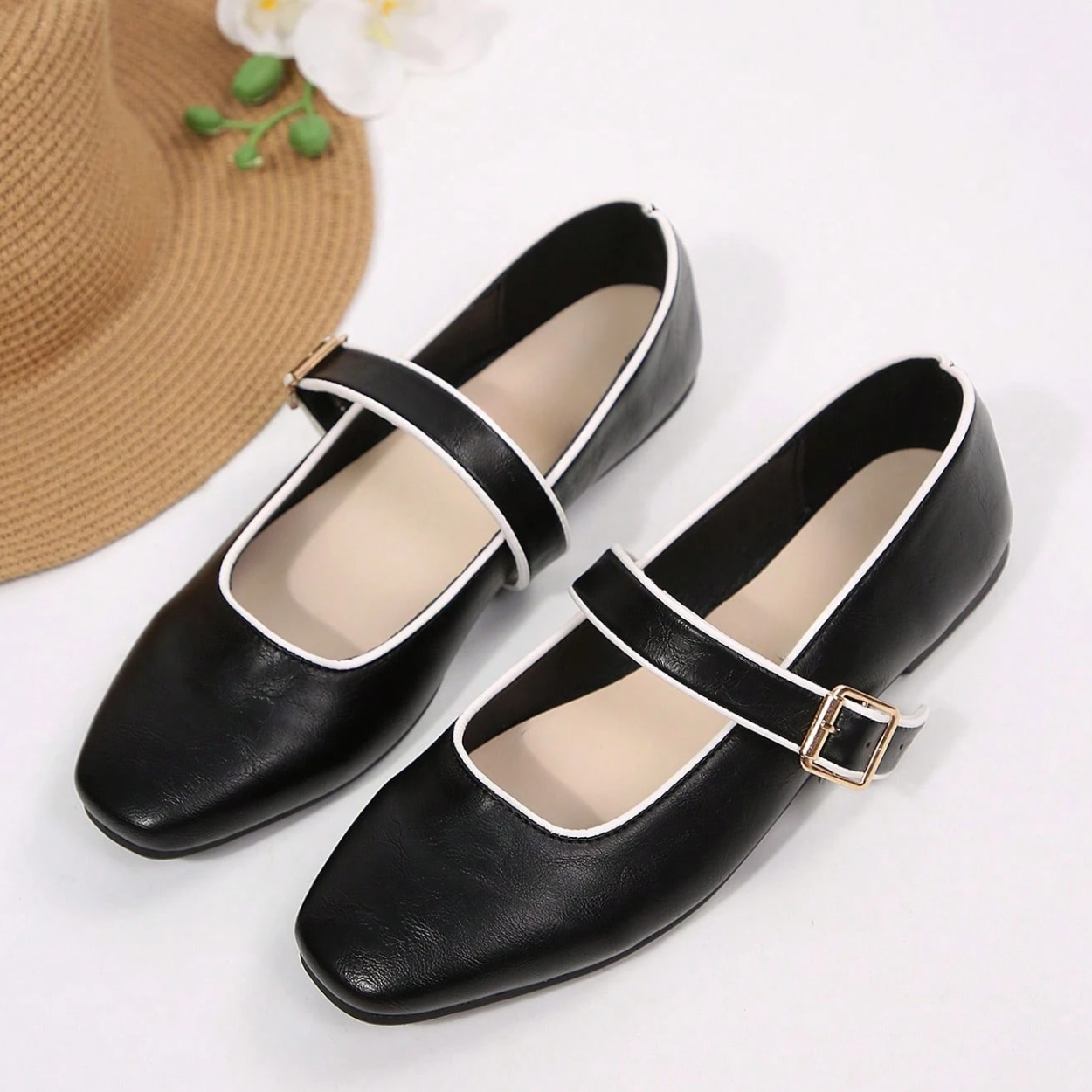 Mary Jane Flats With Square Buckle Strap Shoes in Brown - Strap Detail