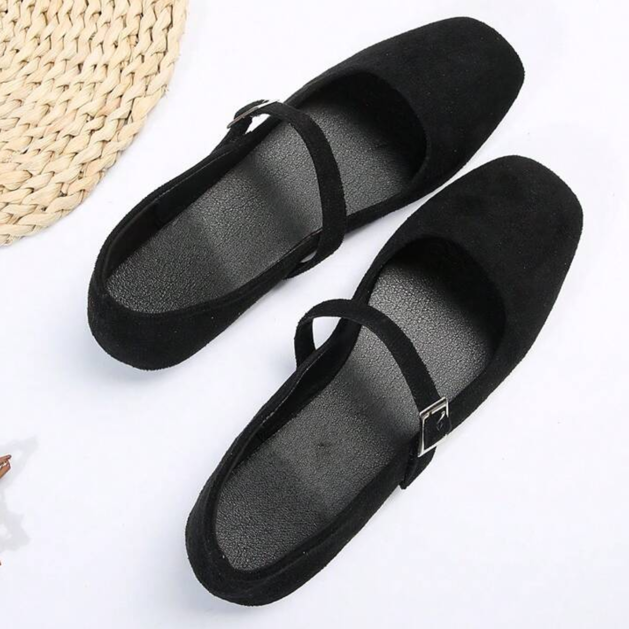 French Style Vintage Ballet Flats With Strap And Square Design in Brown - Strap Detail