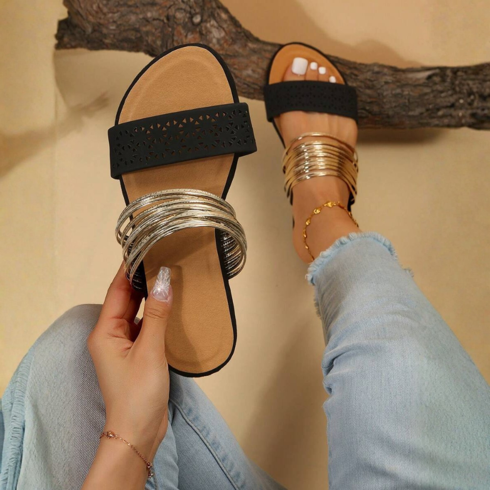 Metallic Multi Strap Casual Flat Sandals For Women