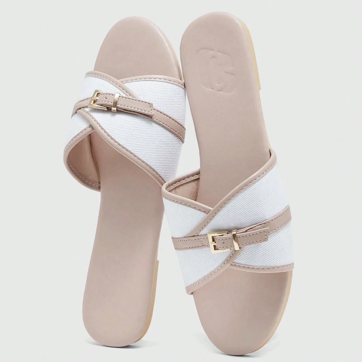 Flat Slide Sandals with Buckle Strap for Women in Brown - Heel Detail