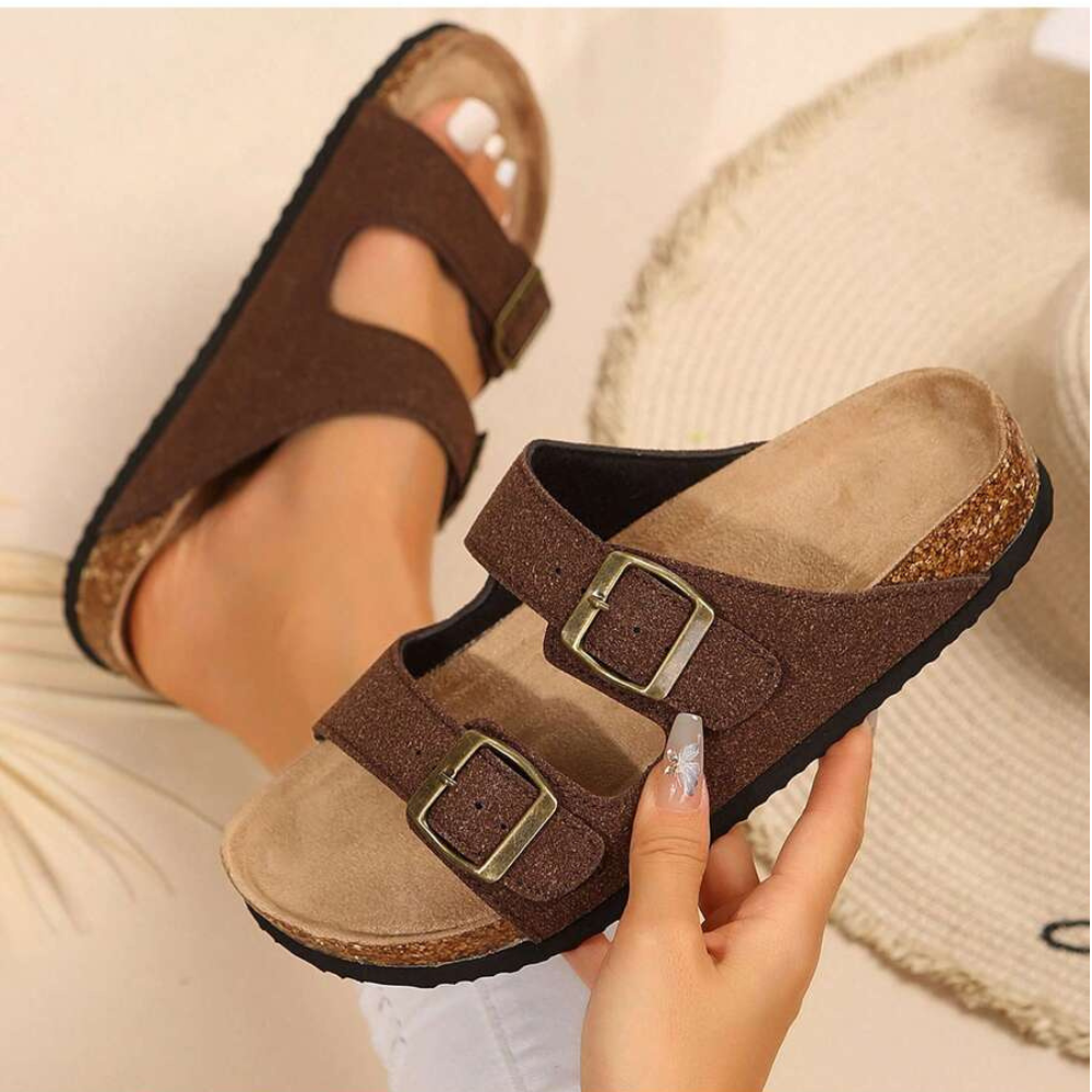 Adjustable Double Buckle Slip On Sandals For Women