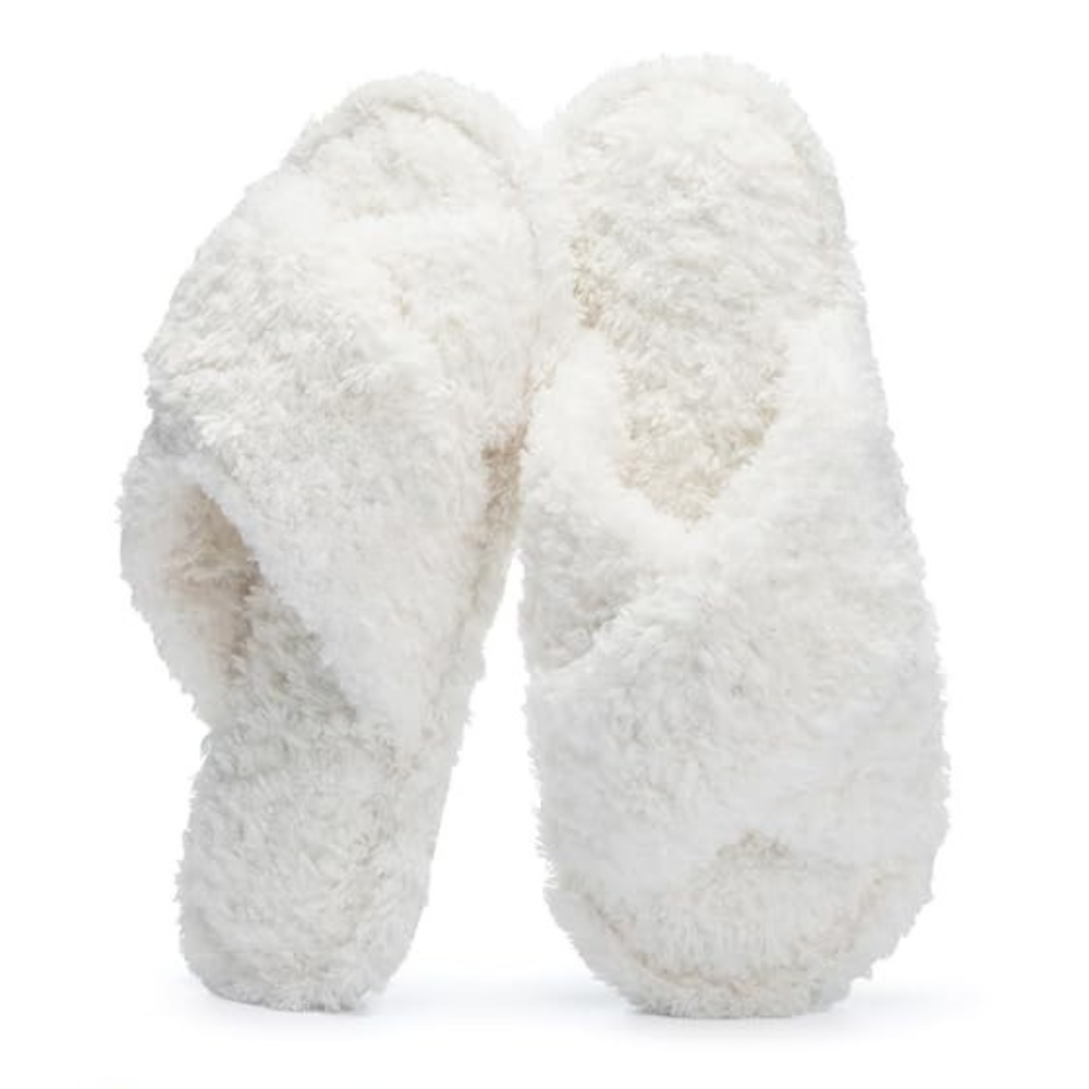Women Fuzzy Memory Foam Cross Band Cozy Indoor Outdoor Slipper