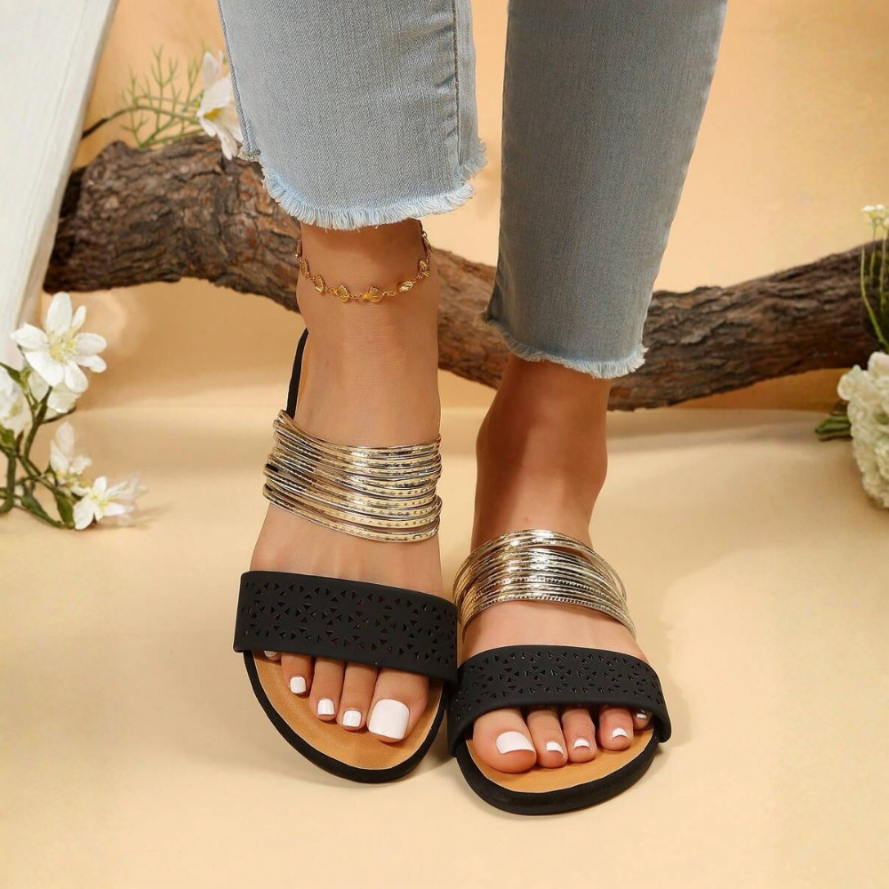 Metallic Multi Strap Casual Flat Sandals For Women