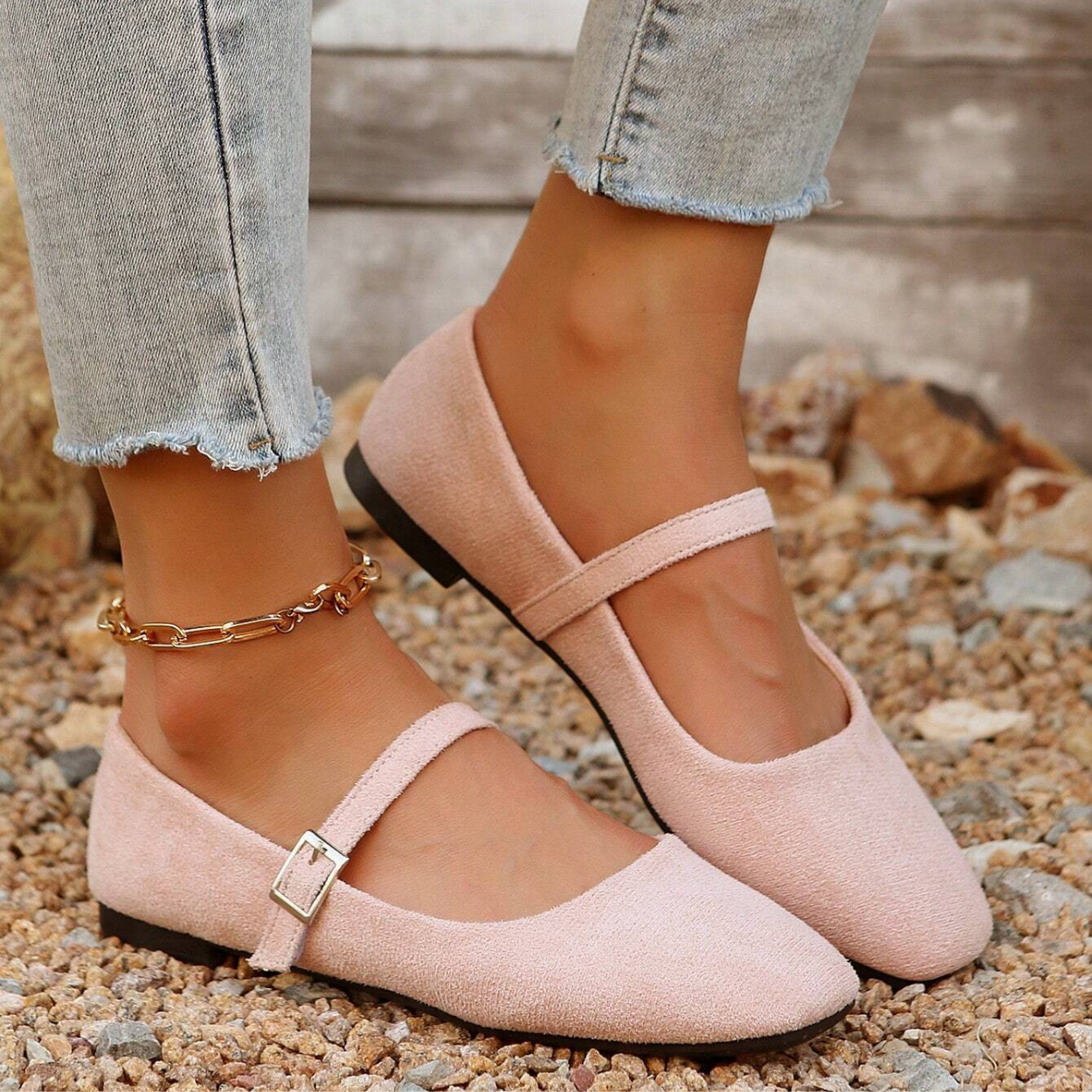 French Style Vintage Ballet Flats With Strap And Square Design in Beige - Right Side