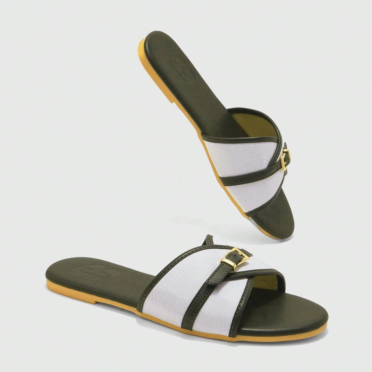 Flat Slide Sandals with Buckle Strap for Women in Green - Left Side