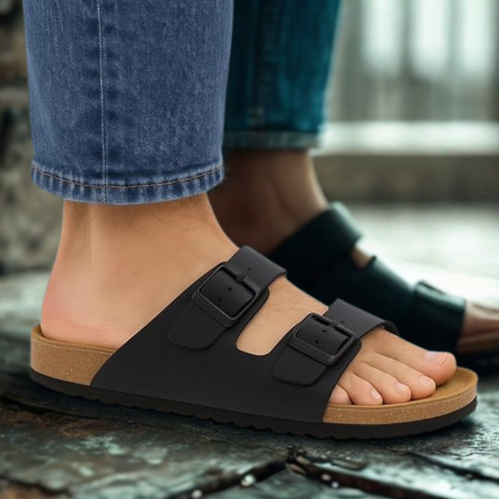 Men Footbed Sandals with Adjustable Buckle and Leather Insole