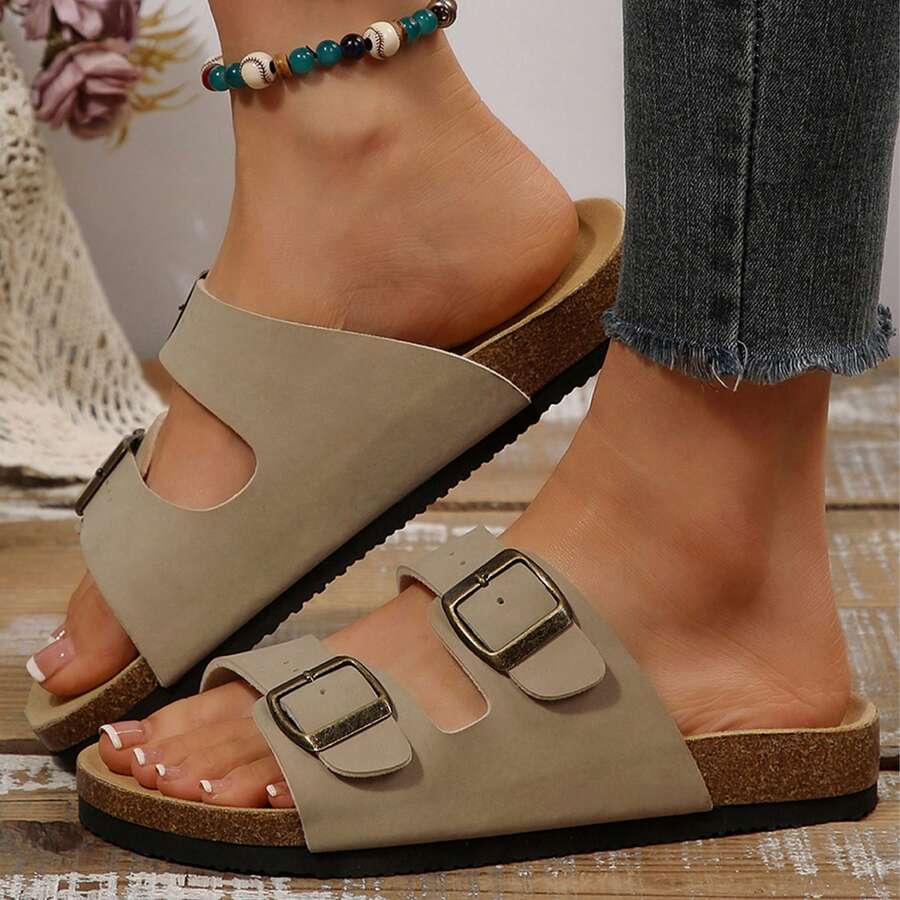 Adjustable Double Buckle Flat Sandals For Women