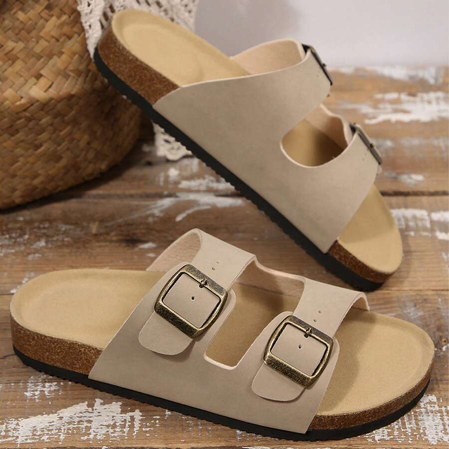 Adjustable Double Buckle Flat Sandals For Women