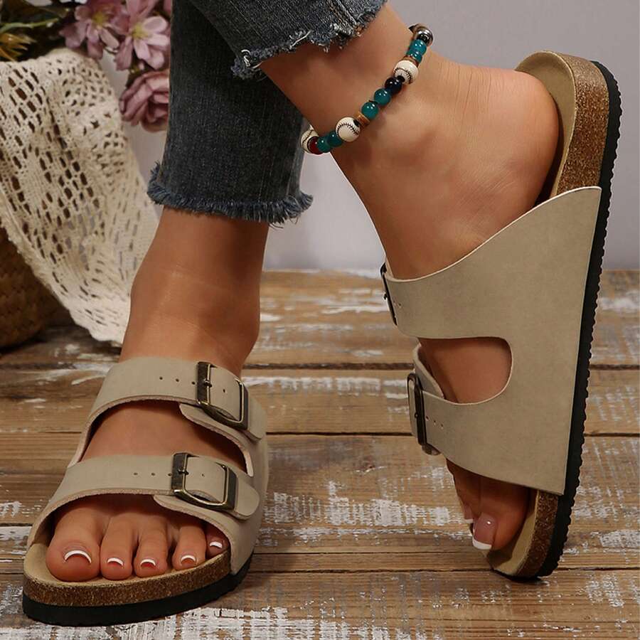 Adjustable Double Buckle Flat Sandals For Women