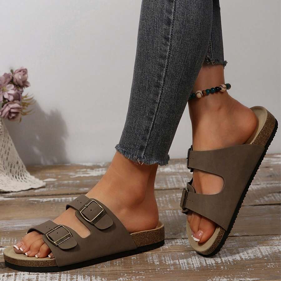 Adjustable Double Buckle Flat Sandals For Women