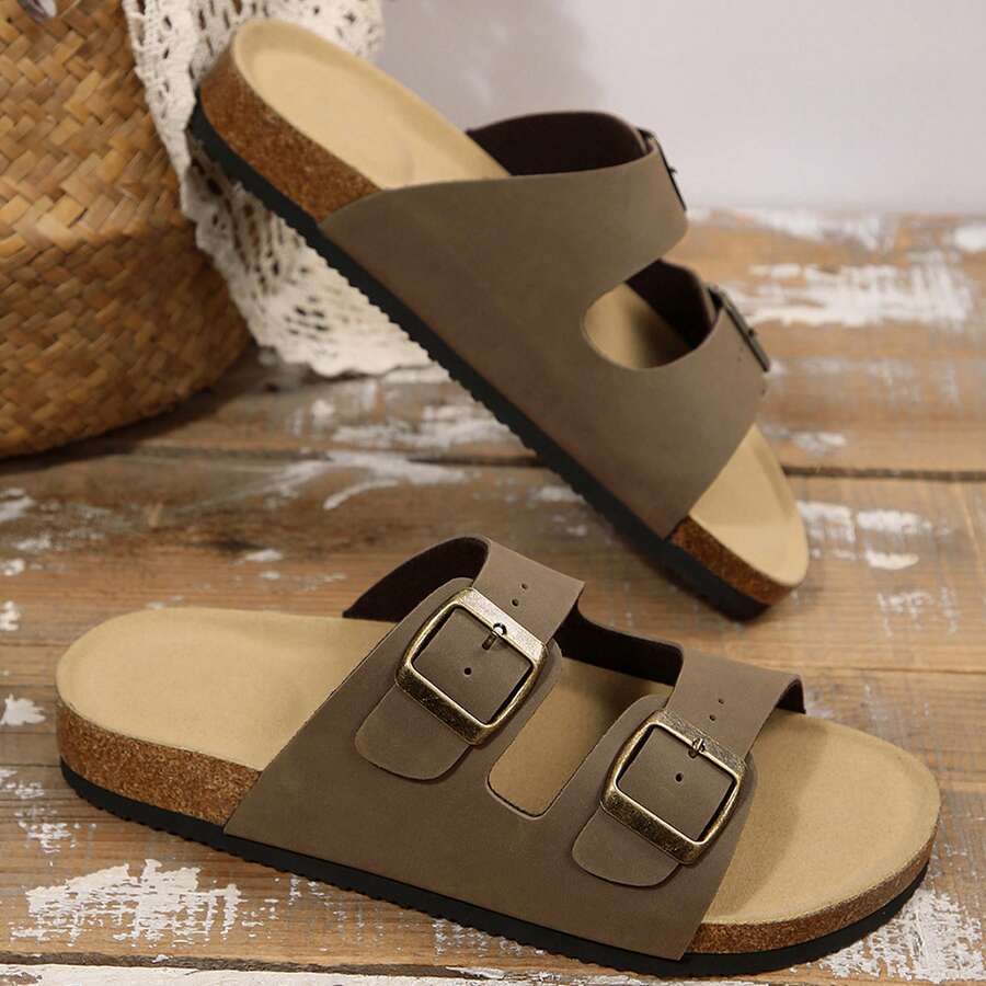 Adjustable Double Buckle Flat Sandals For Women