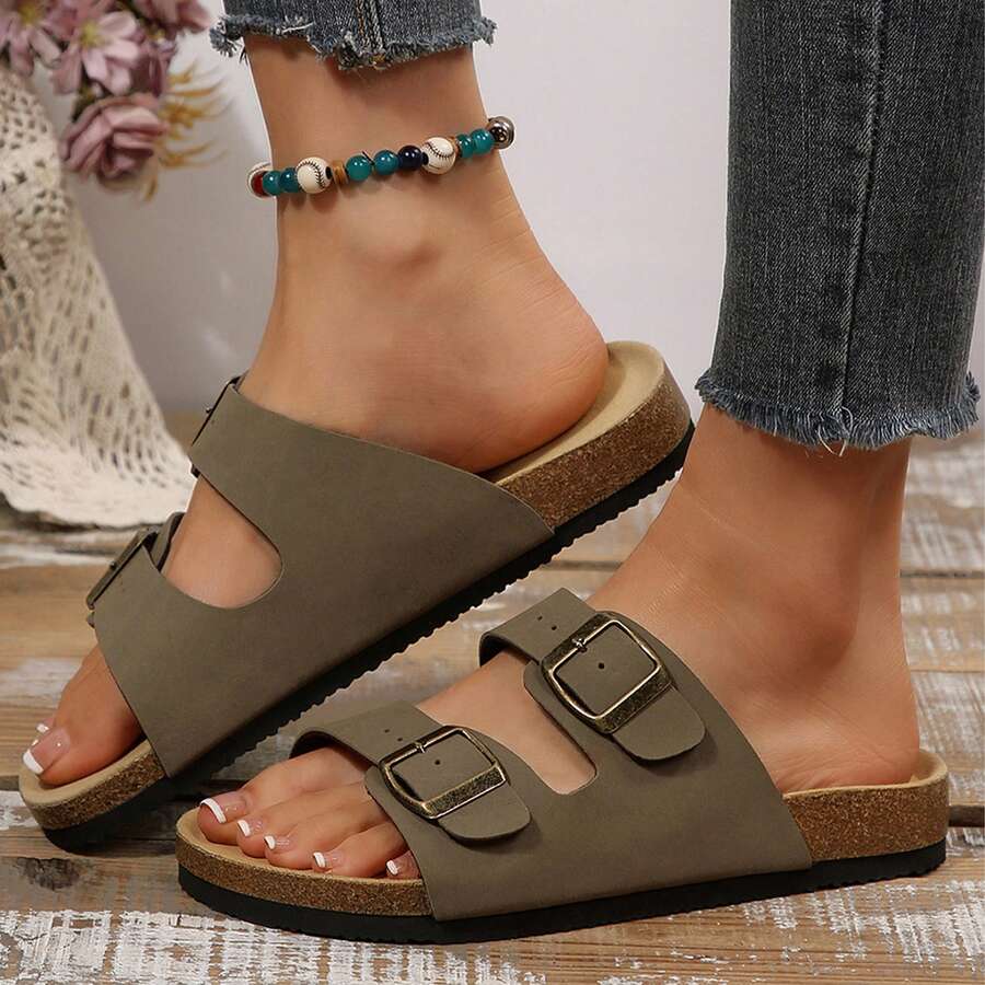 Adjustable Double Buckle Flat Sandals For Women