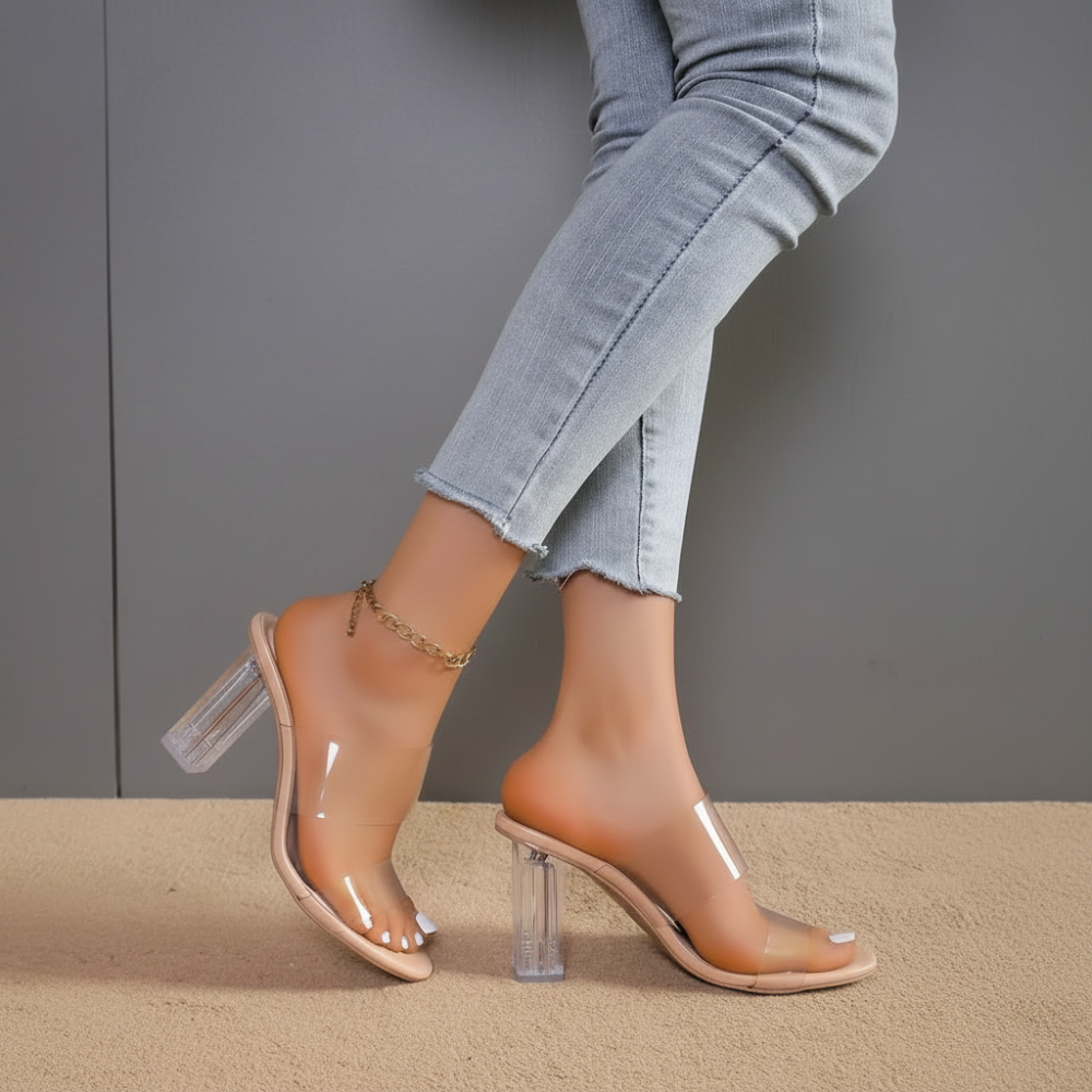 Crystal Clear Wide Strap Block Heel Sandals