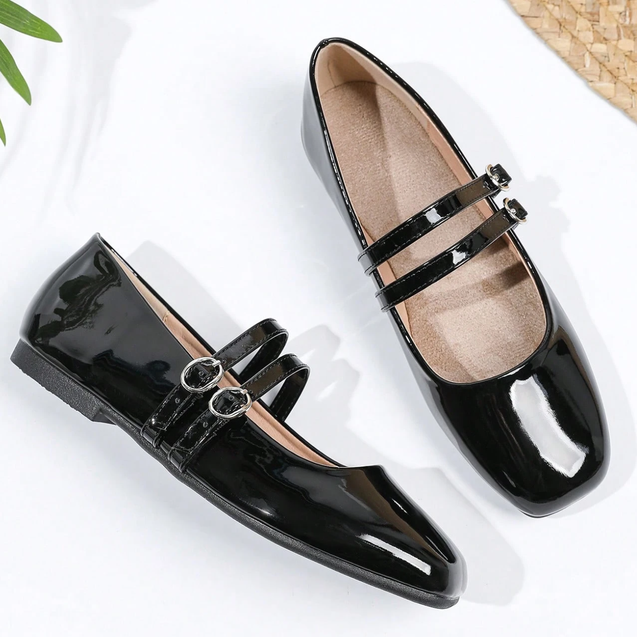 Vintage Mary Jane Inspired Flats With Double Strap For Women in Burgundy - Strap Detail