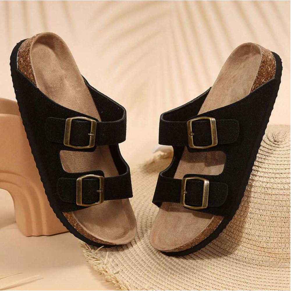 Adjustable Double Buckle Slip On Sandals For Women
