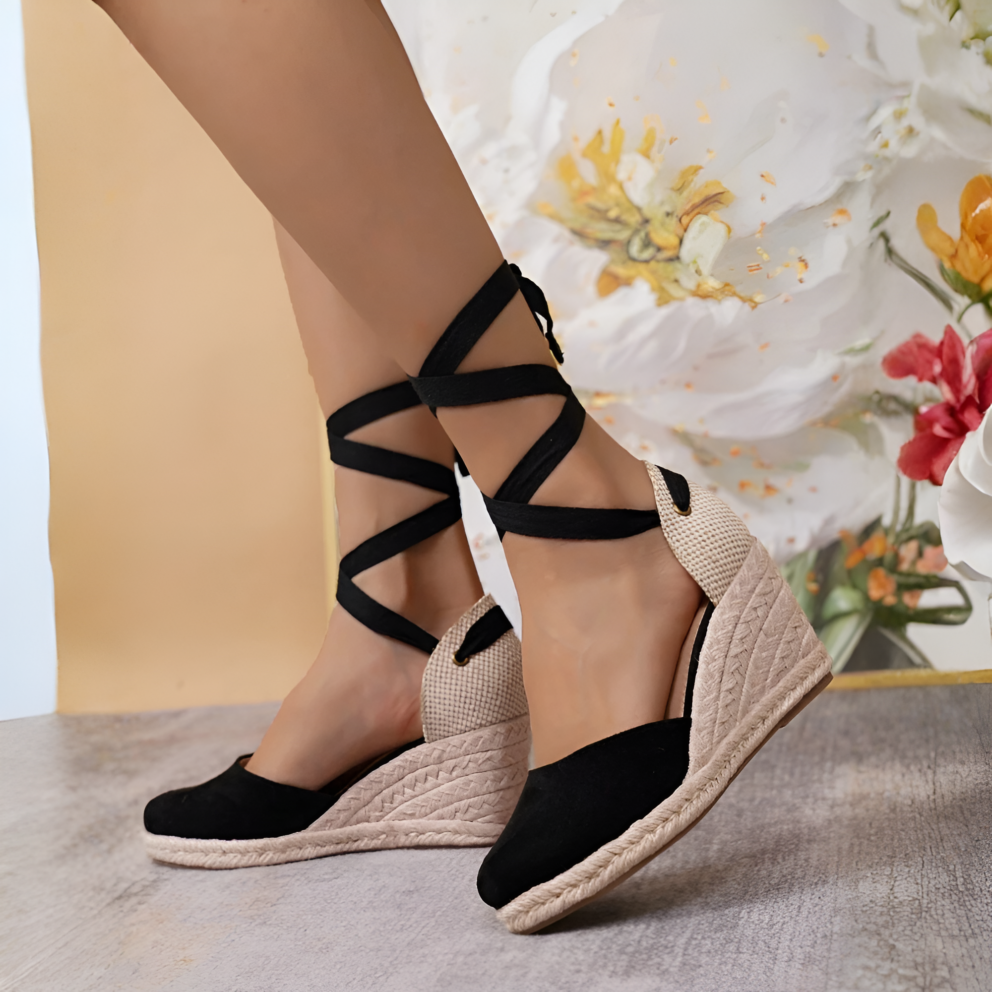 Woven Lace Up Round Front Wedge Sandals in White - Top View