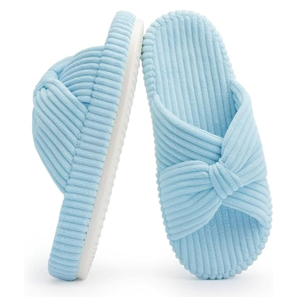 Women Memory Foam Corduroy Bow Crossband Slides
