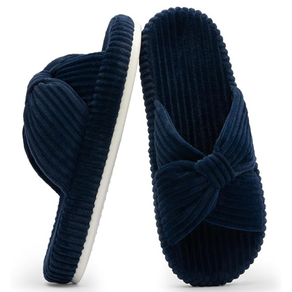 Women Memory Foam Corduroy Bow Crossband Slides