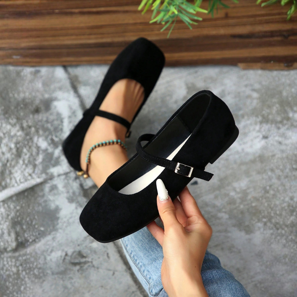 Casual Square Strap Ballet Flat Shoes For Women in Dark Brown - Side View