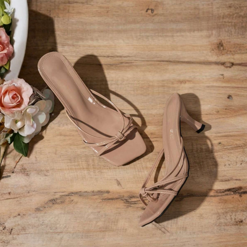 Apricot Square Front Criss Cross Strap Kitten Sandals in Orange - Side View