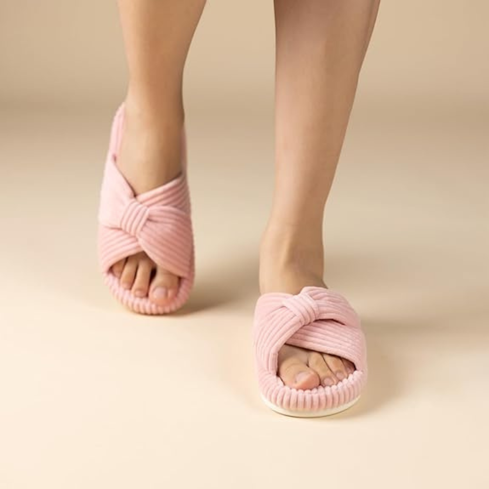 Women Memory Foam Corduroy Bow Crossband Slides