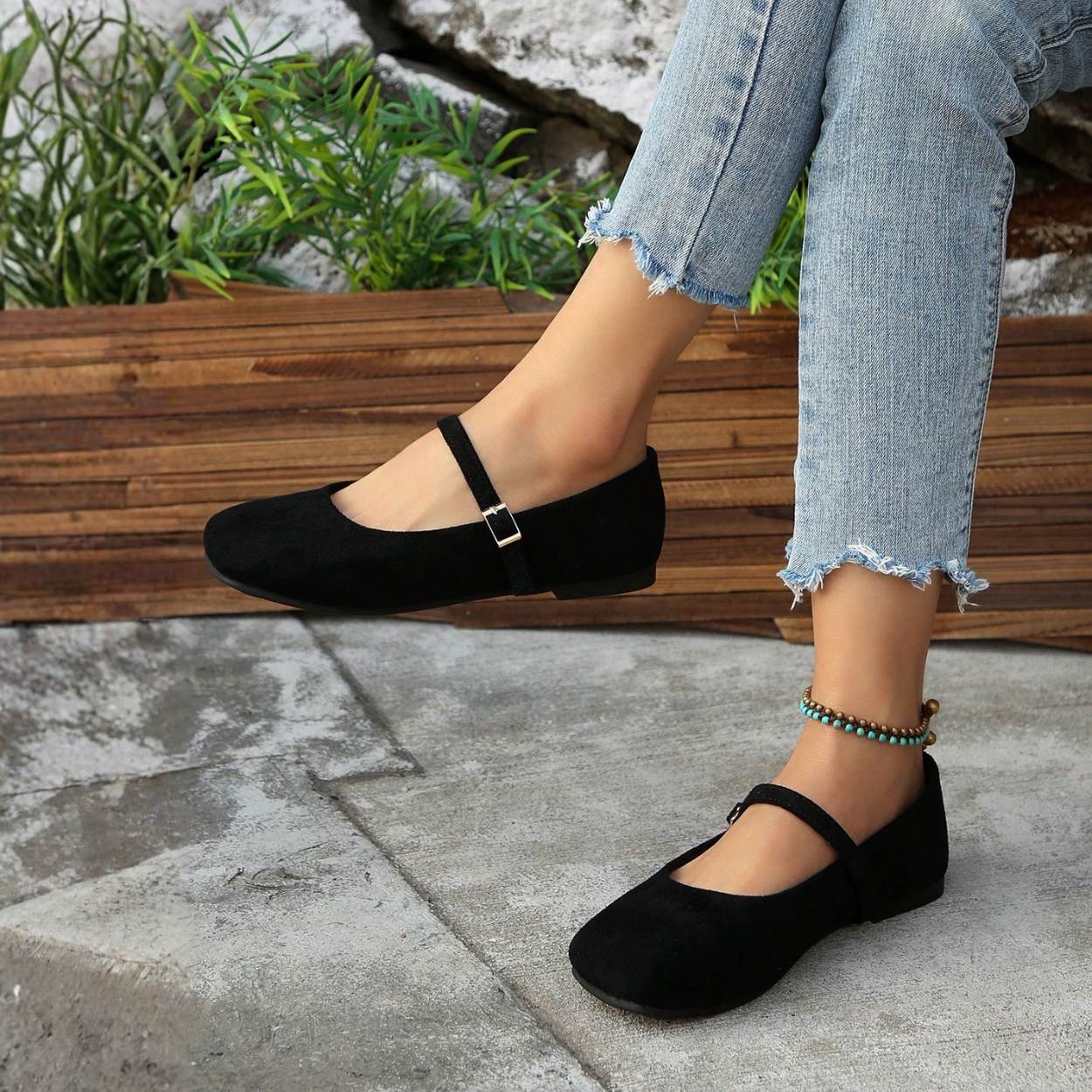 Casual Square Strap Ballet Flat Shoes For Women in Charcoal - Top View