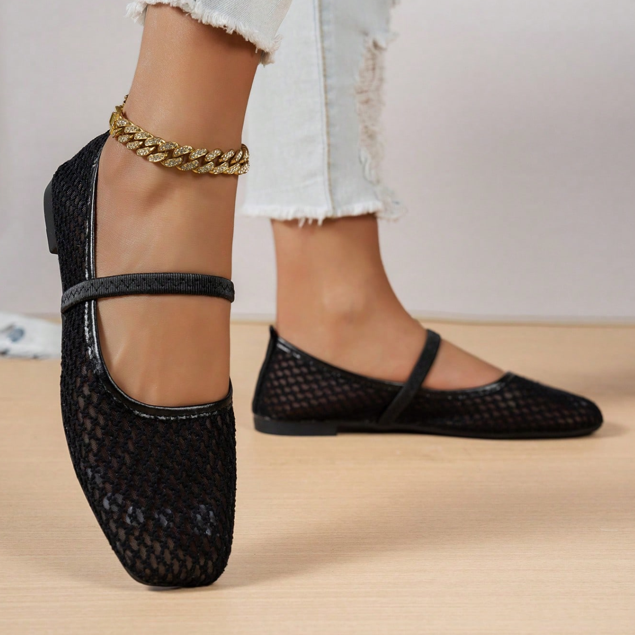 Mesh Lace Design Hollow Ballet Flats For Women in White - Side View