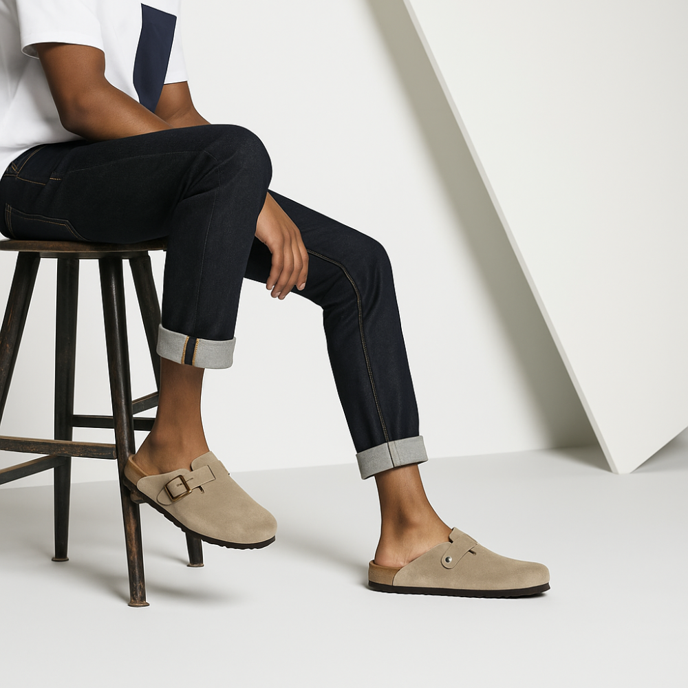 Suede Leather Clogs With Soft Cork Footbed Comfort