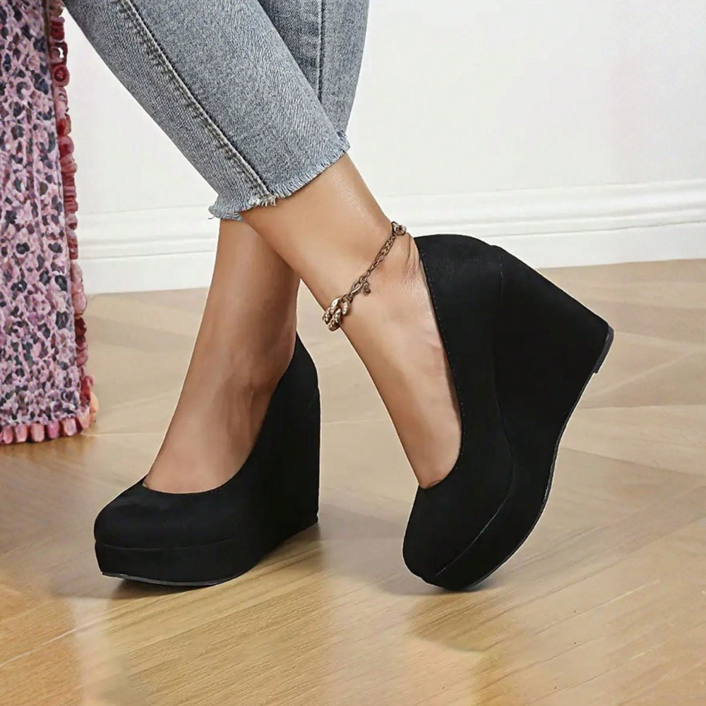 Round Front Suede Platform Court Heels - Back View