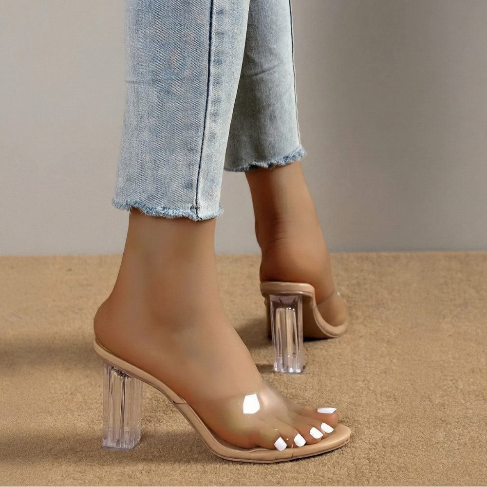 Crystal Clear Wide Strap Block Heel Sandals