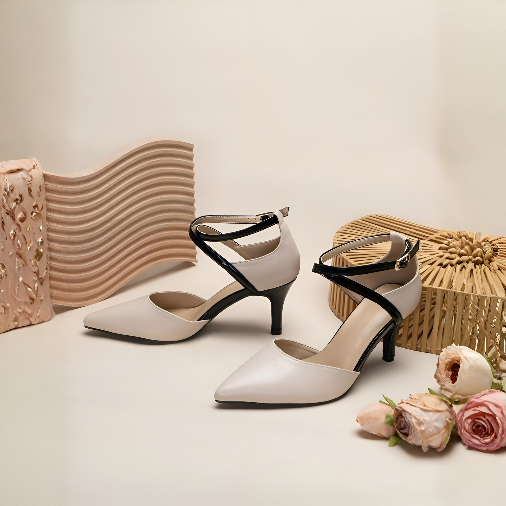 Pointed Contrast Strap Mid Base Heel - Angled View