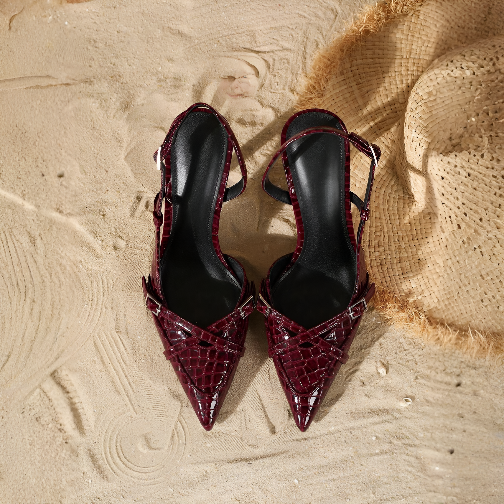 Criss Cross Strap Slingback Stiletto Buckle Up Pumps For Women in Black - Side View