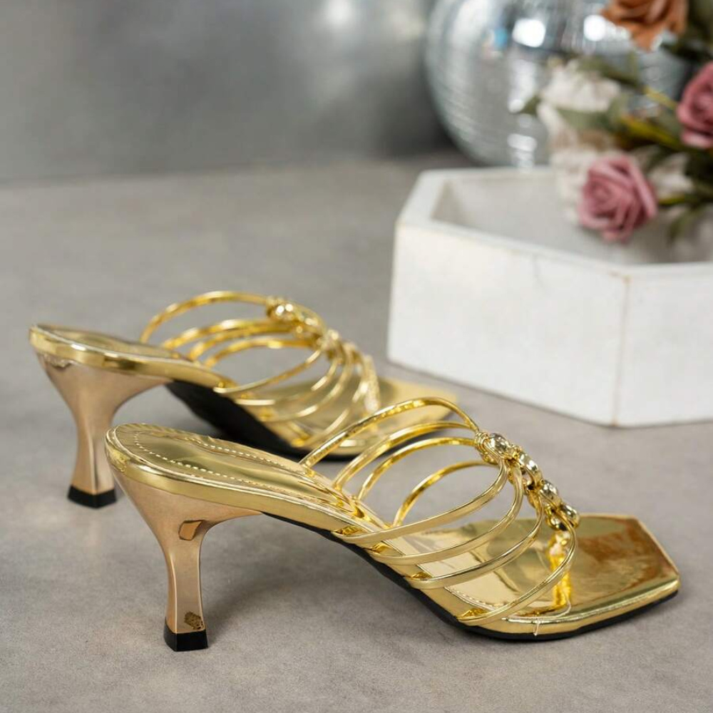 Criss Cross Multi Strap Stiletto Style Slip On Sandals in Golden - Top View
