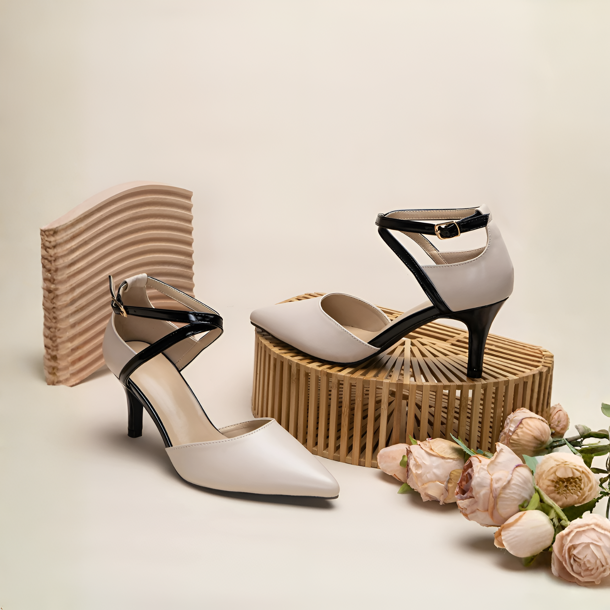 Pointed Contrast Strap Mid Base Heel - Back View