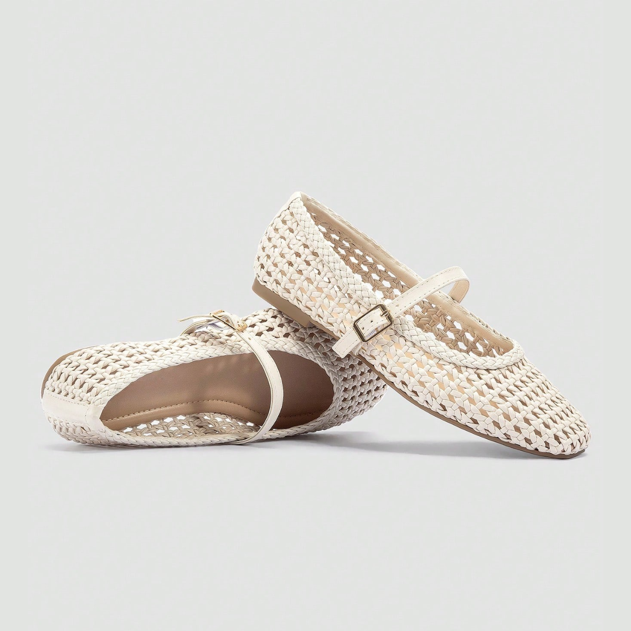 Woven Strap Buckle Casual Flat Shoes For Women in Brown - Angled View