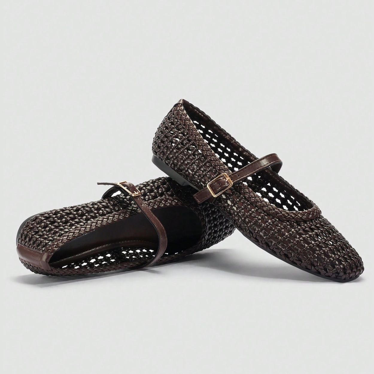 Woven Strap Buckle Casual Flat Shoes For Women in Brown - Right Side