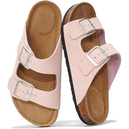 Leather Buckle Slides With Adjustable Buckle Straps And Cork Footbed - Comfy Platform Shoes