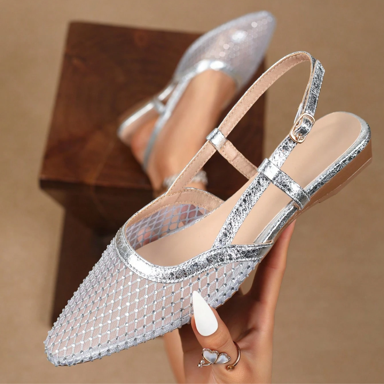 Criss Cross Strap Pointed Toe Low Heel Flats For Women in Dark Gray - Angled View