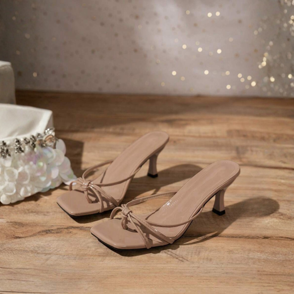 Apricot Square Front Criss Cross Strap Kitten Sandals in Black - Back View