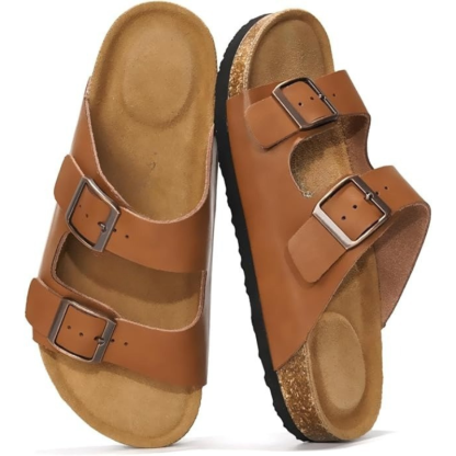 Leather Buckle Slides With Adjustable Buckle Straps And Cork Footbed - Comfy Platform Shoes