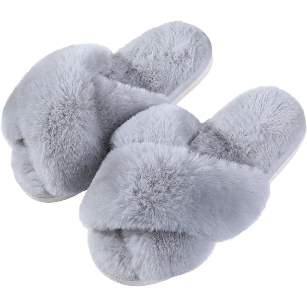 Fuzzy Cross Band House Slippers With Soft Cozy And Supportive Sole - Comfy Platform Shoes