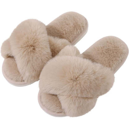 Fuzzy Cross Band House Slippers With Soft Cozy And Supportive Sole - Comfy Platform Shoes