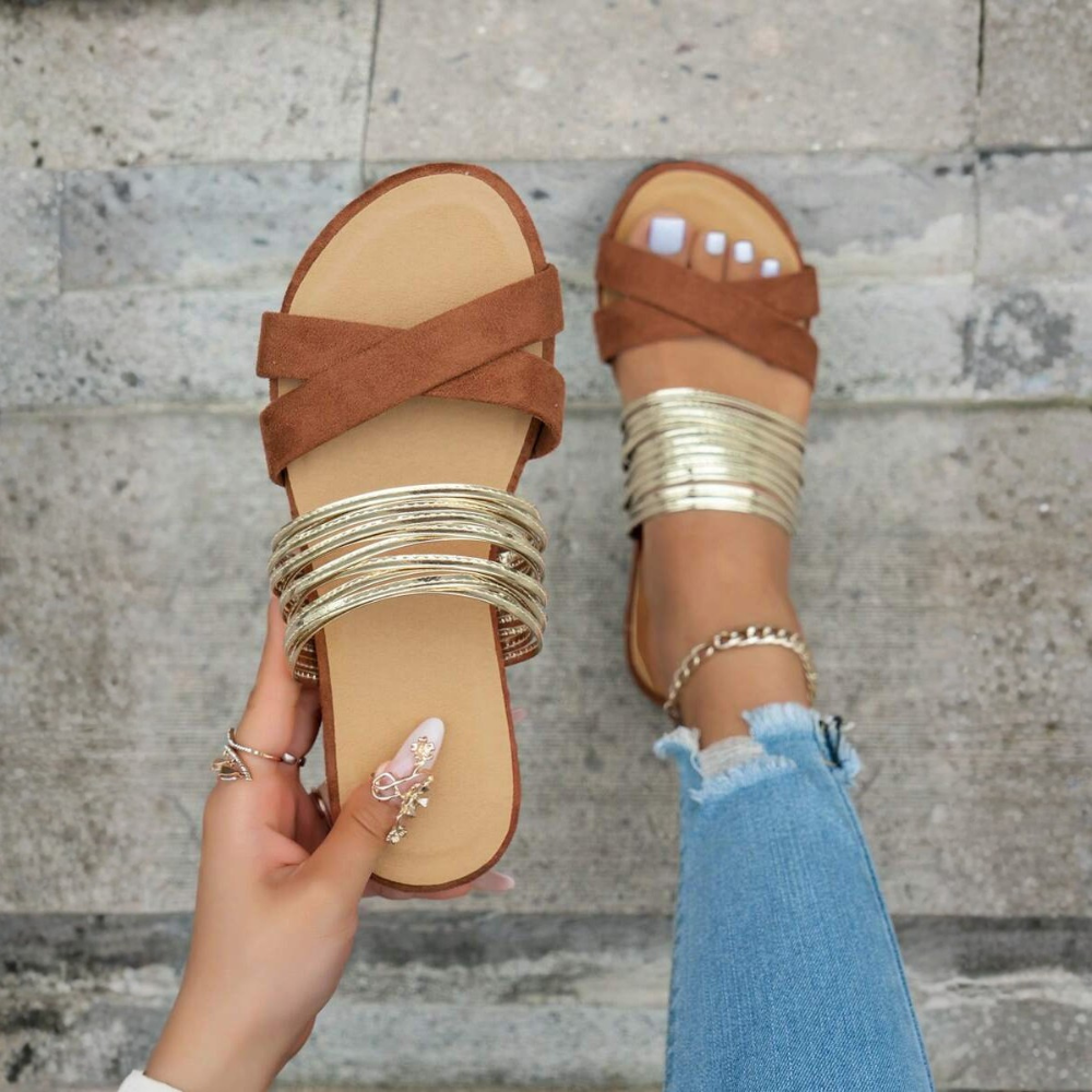Metallic Multi Strap Casual Flat Sandals For Women