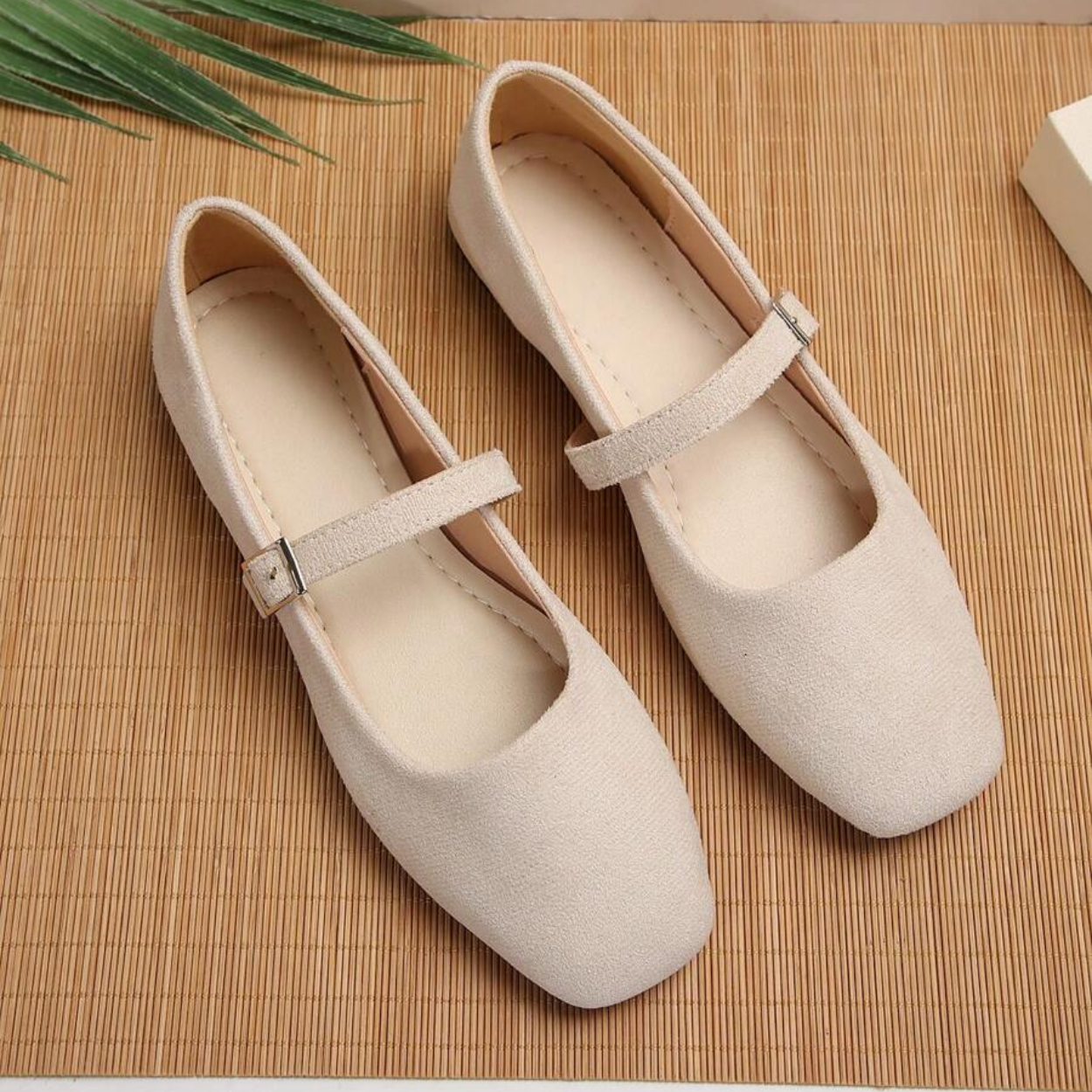 French Style Vintage Ballet Flats With Strap And Square Design in Beige - On-Foot View