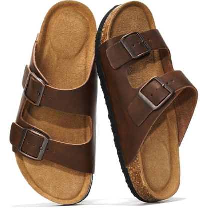 Leather Flat Sandals With Adjustable Straps And Textured Sole - Comfy Platform Shoes