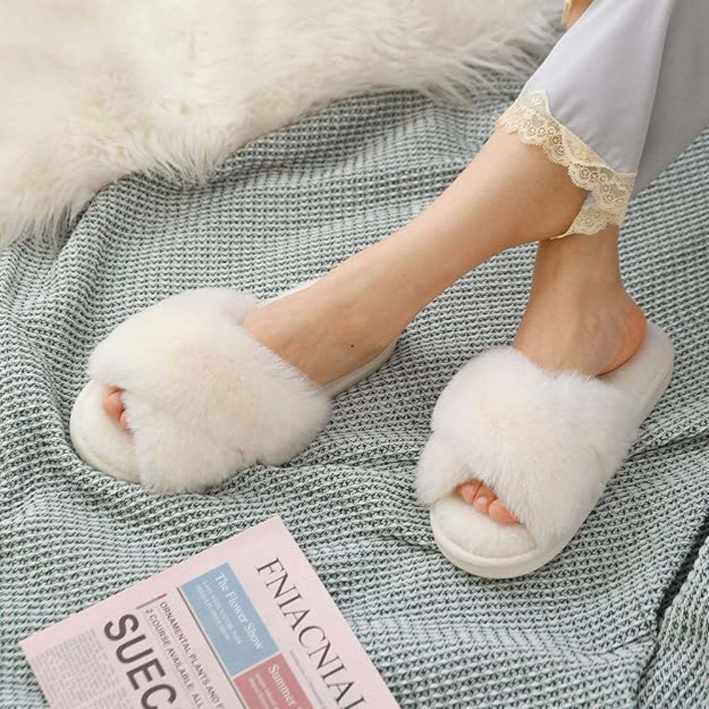 Fuzzy Cross Band House Slippers With Soft Cozy And Supportive Sole - Comfy Platform Shoes