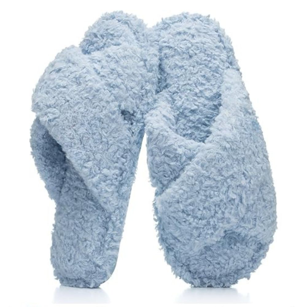Women Fuzzy Memory Foam Cross Band Cozy Indoor Outdoor Slipper